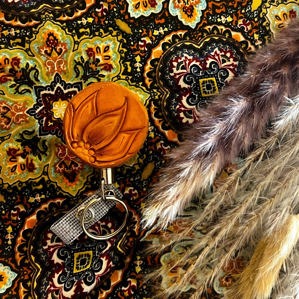 Leather Tooled Flower Badge Reel